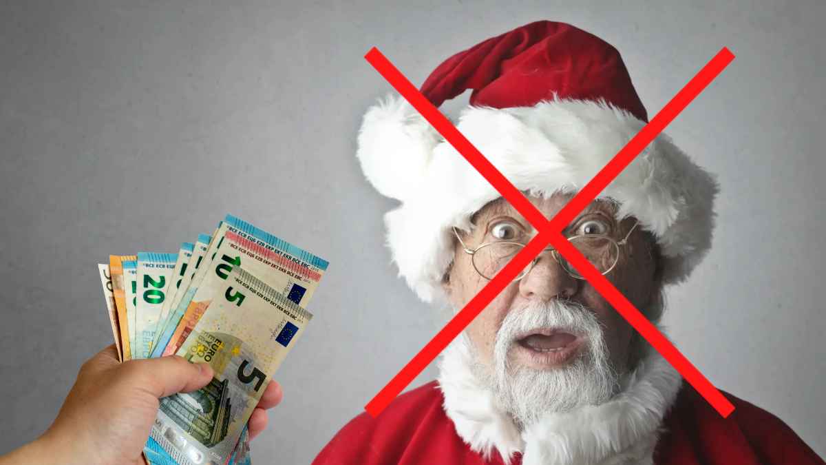 Pensionistas sin paga extra de Navidad, imagen con billetes y figura disfrazada tachada