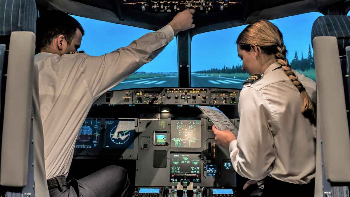 Pilotos en la cabina de un avión durante las comprobaciones previas al despegue