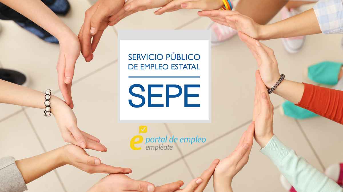 Manos unidas alrededor del logo del SEPE en referencia a una bolsa de empleo para personas con discapacidad
