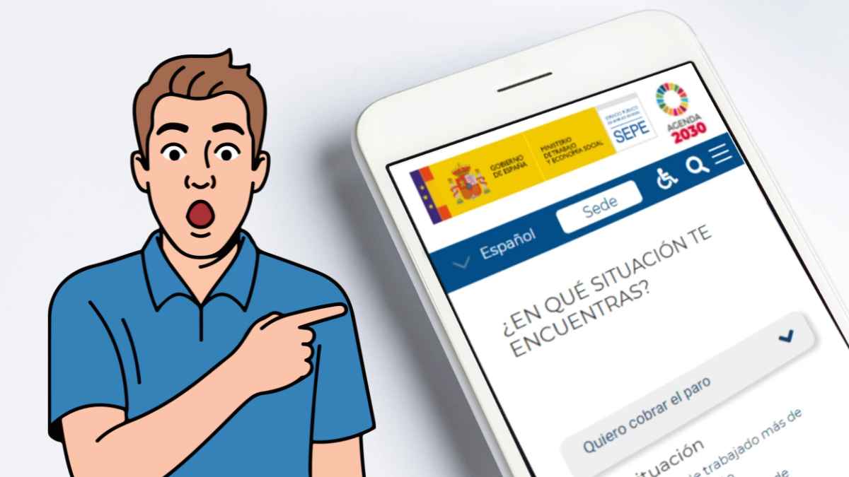 Hombre señalando móvil con la web del SEPE para renovar el paro online