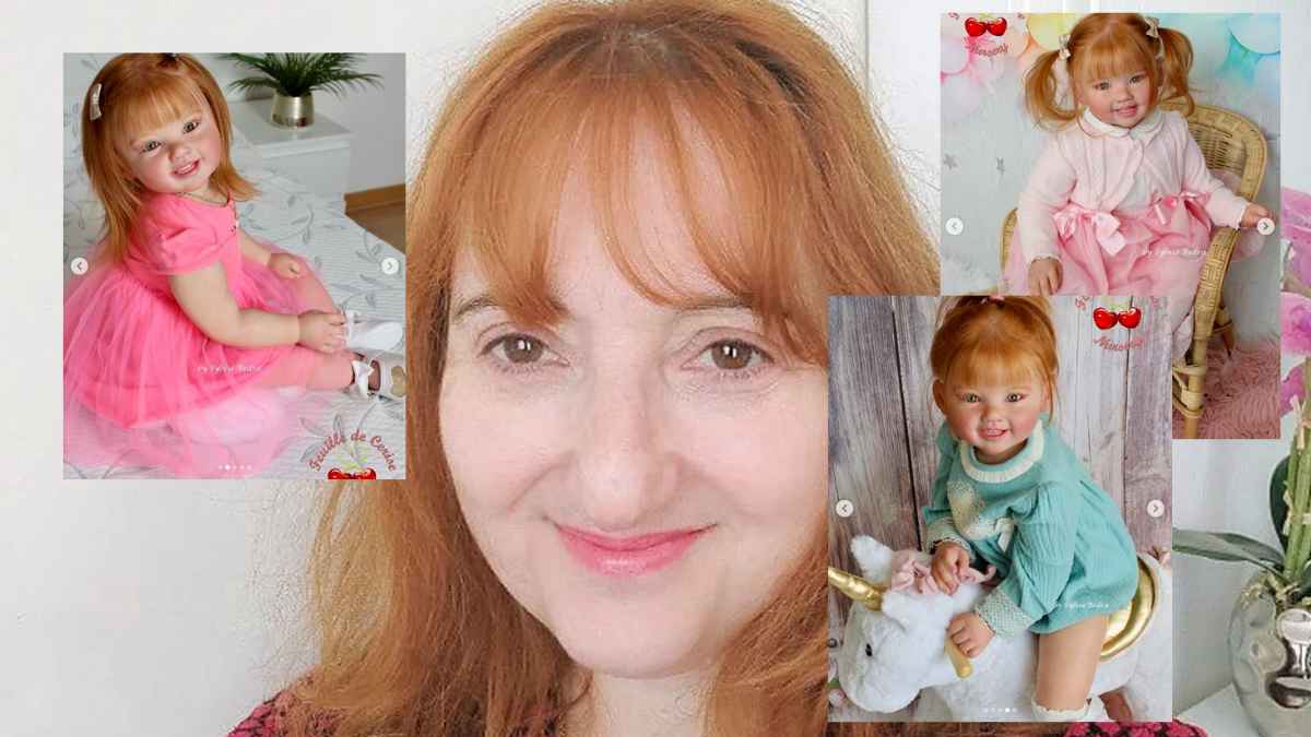 Sylvie Bedra posando junto a varias muñecas reborn hiperrealistas