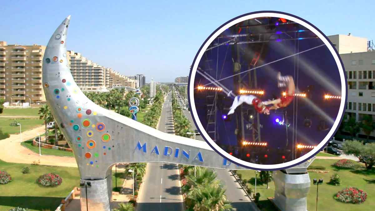 Entrada principal de Marina d’Or y detalle del espectáculo acrobático donde ocurrió la caída.