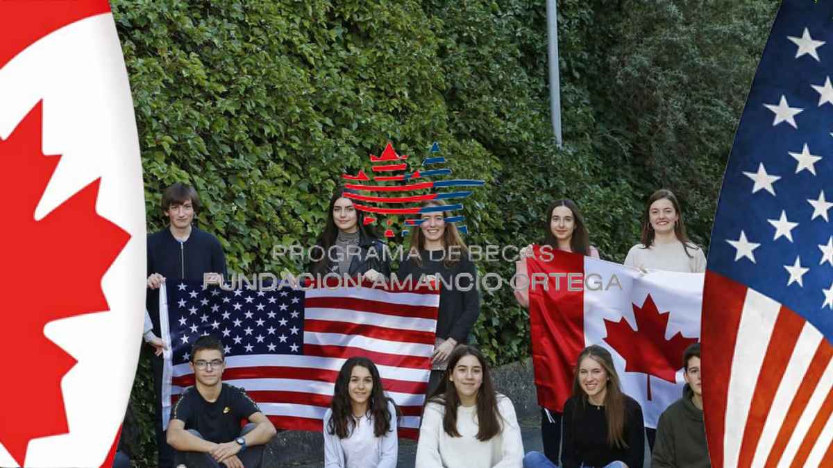 Estudiantes becados por la Fundación Amancio Ortega con banderas de Estados Unidos y Canadá