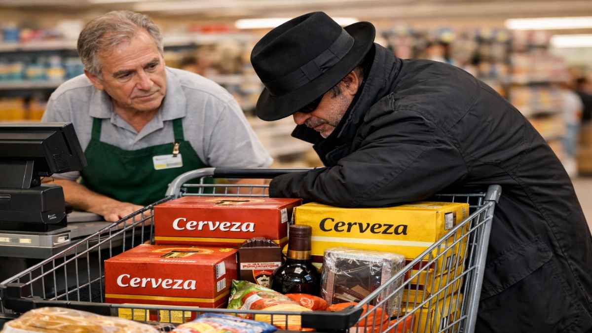 Cajero de supermercado revisando una compra con cajas de cerveza durante una prueba de cliente misterioso