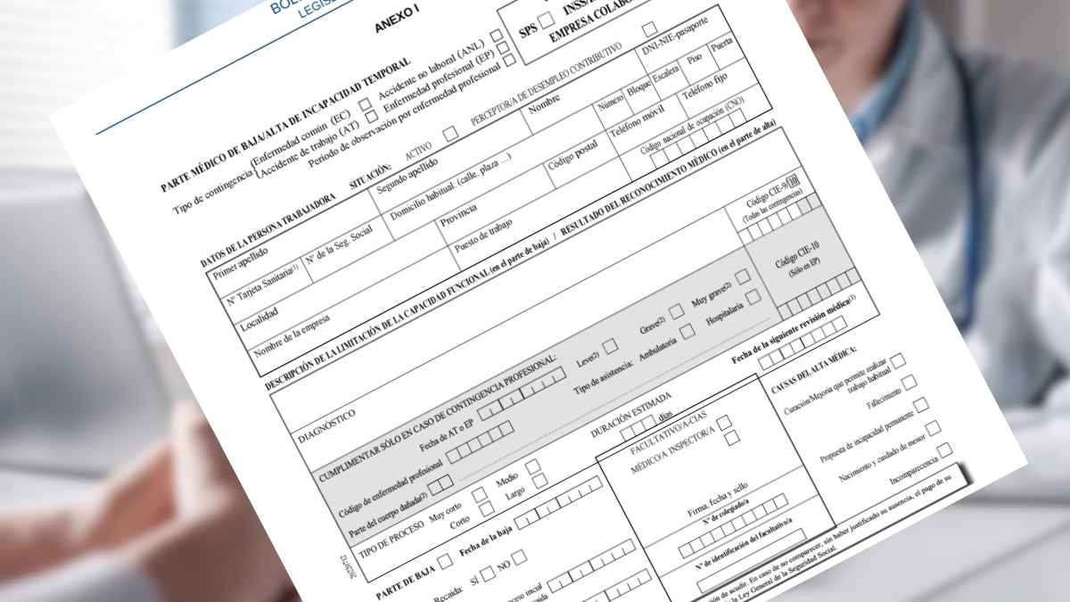 Parte médico de baja por incapacidad temporal utilizado por la Seguridad Social