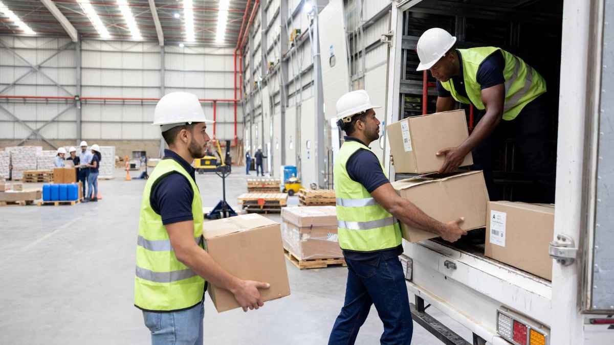 Trabajadores en almacén realizando labores de carga durante nuevos contratos temporales de la reforma laboral
