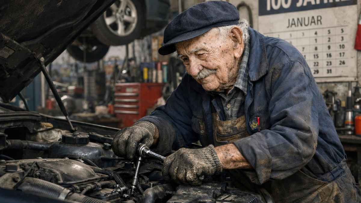Persona mayor trabajando en un taller mecánico, ejemplo de jubilación tardía y prolongación de la vida laboral