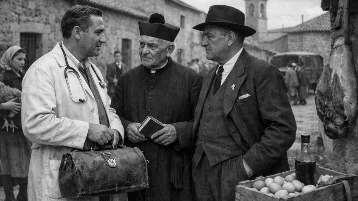 Médico de familia en un pueblo de la España de la posguerra junto al cura y autoridades locales, símbolo de estatus y la antigua iguala