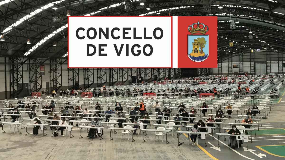 Opositores realizando exámenes de la OPE 2025 del Concello de Vigo en una convocatoria de empleo público