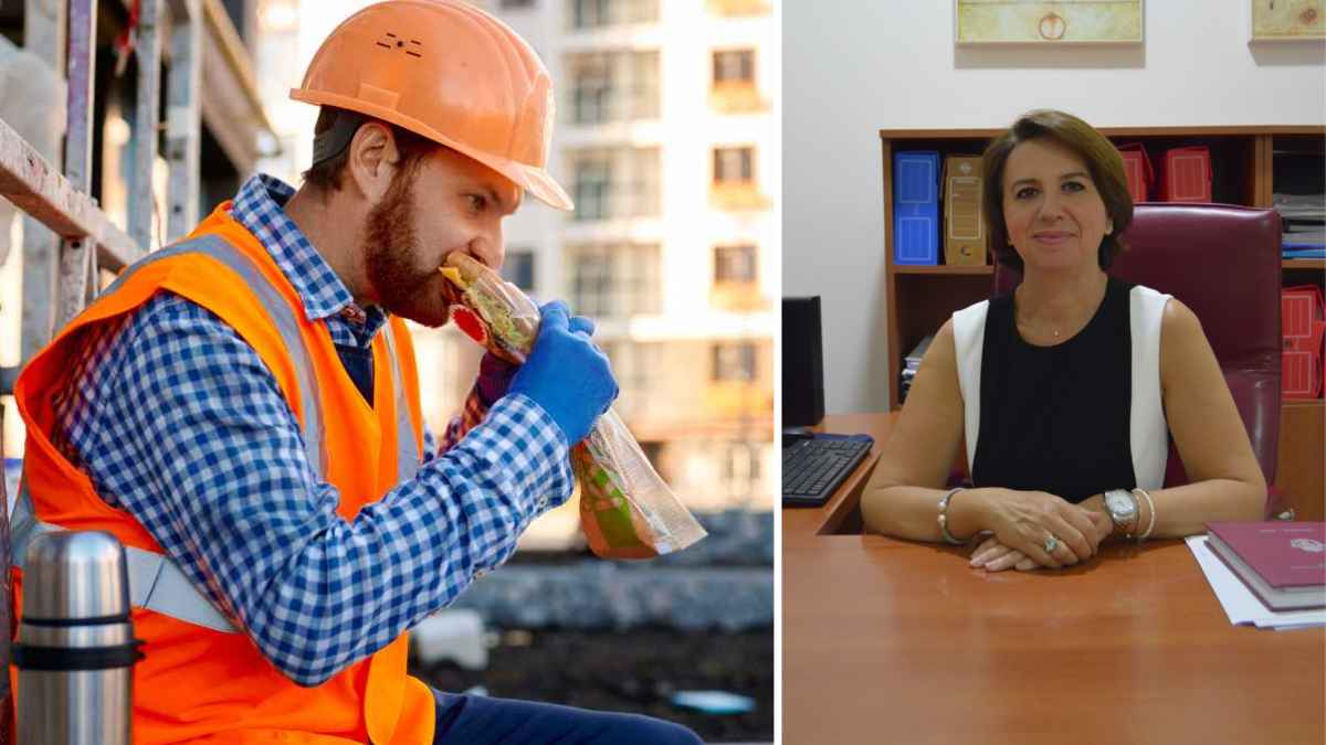 Trabajador durante un descanso laboral y abogada Rocío Galván explicando los descansos obligatorios según la ley
