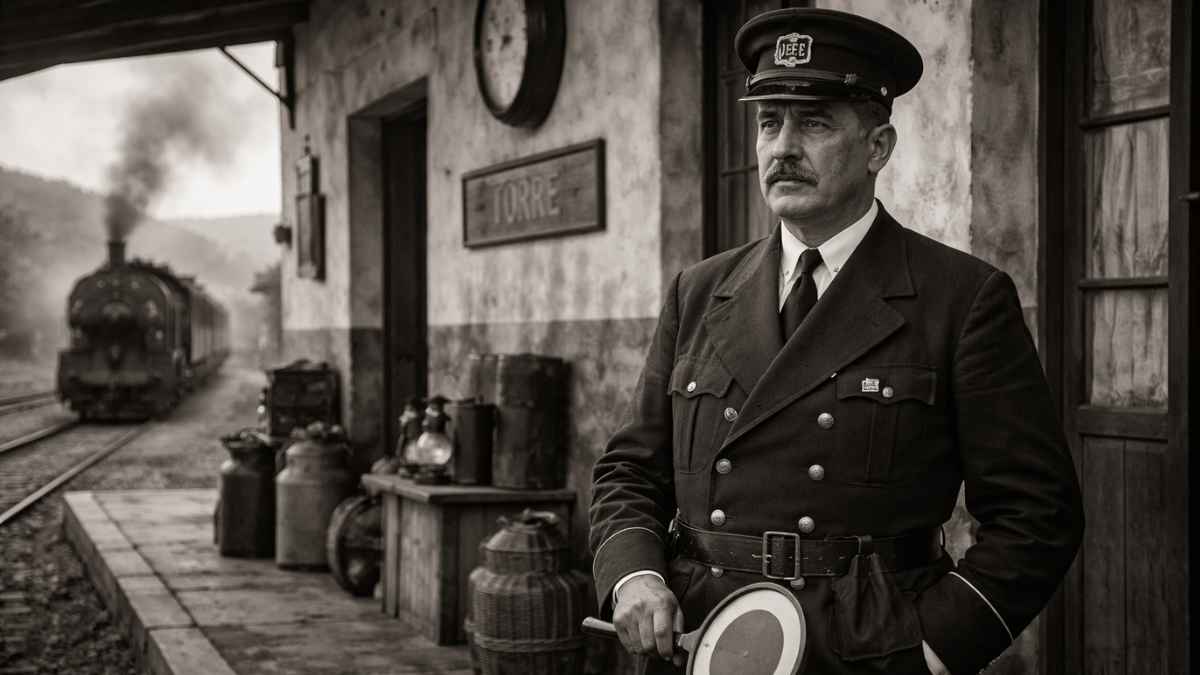 Jefe de estación en la posguerra española junto a una estación rural y un tren de vapor