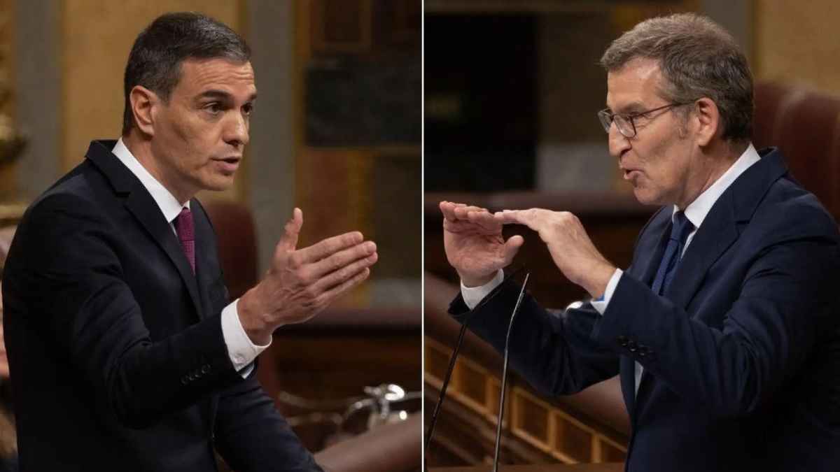 Pedro Sánchez y Alberto Núñez Feijóo durante el debate del decreto ómnibus en el Congreso