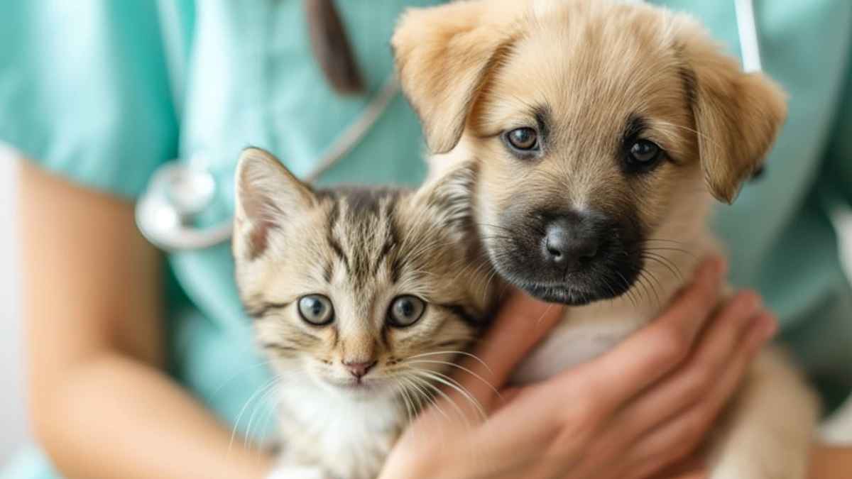 Cachorro y gato en una consulta veterinaria en Andalucía, gastos deducibles en la Renta por cuidado de mascotas.