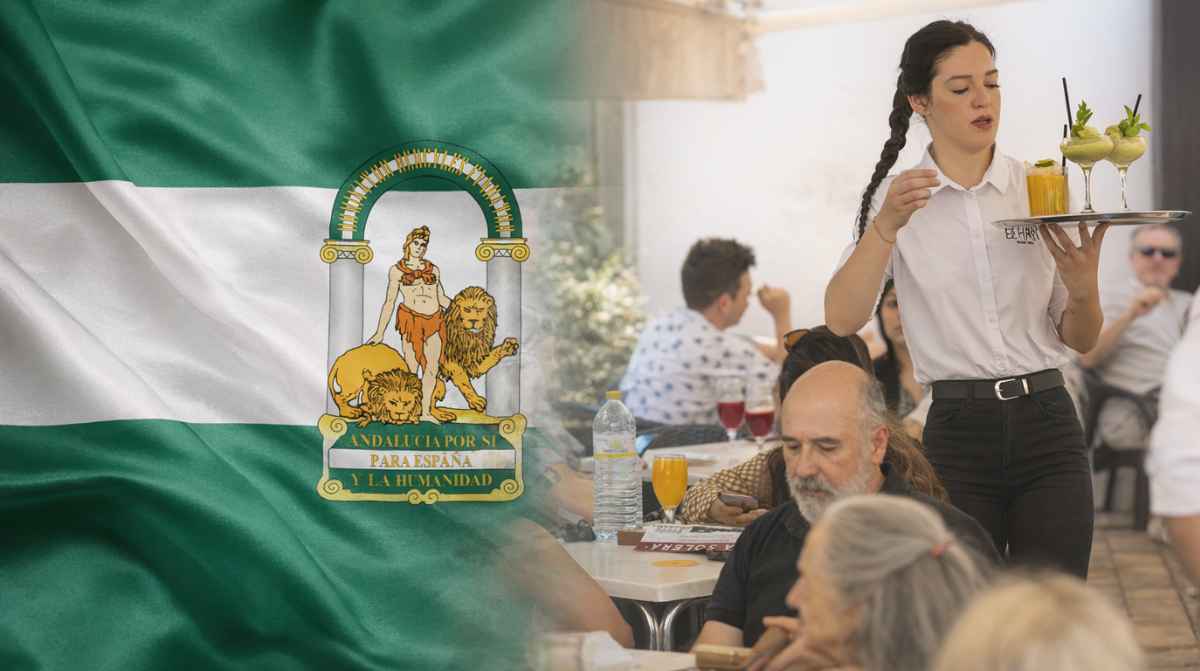 Bandera de Andalucía junto a trabajadores en un bar el 28 de febrero, festivo que puede coincidir con el día de descanso laboral