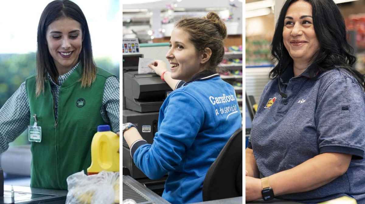 Cajeras de Mercadona, Carrefour y Lidl trabajando en supermercado en 2026