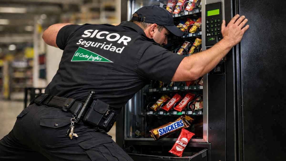 Vigilante de seguridad de El Corte Inglés empujando una máquina expendedora para sacar barritas de chocolate