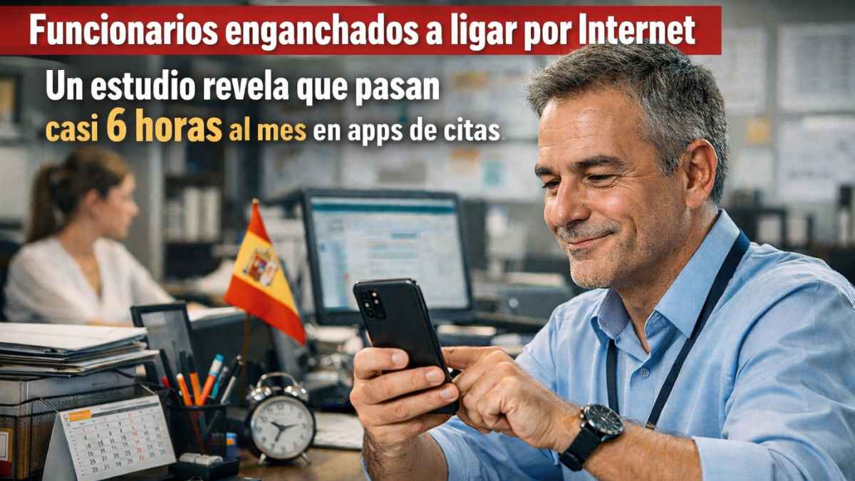 Funcionario usando el móvil en su puesto de trabajo mientras consulta una app de citas por Internet