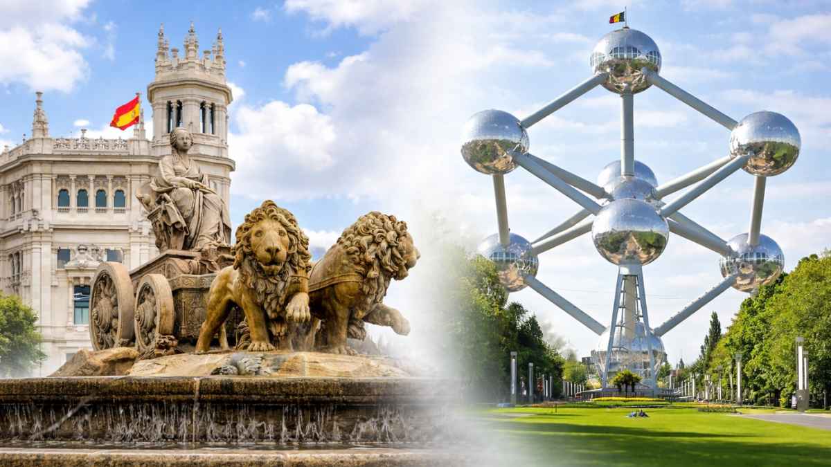 Becas de la Fundación SEPI en Madrid y Bruselas con imagen de la Cibeles y el Atomium