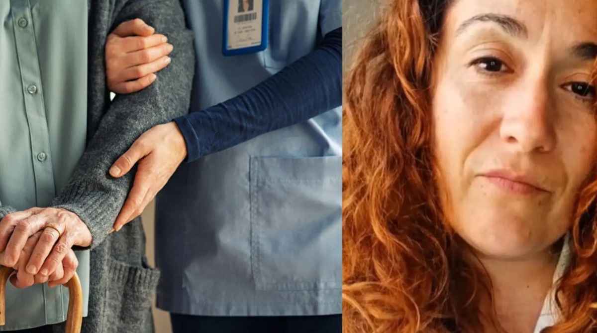 Cuidadora a domicilio ayudando a una persona mayor en España y retrato de Jennifer, profesional del sector