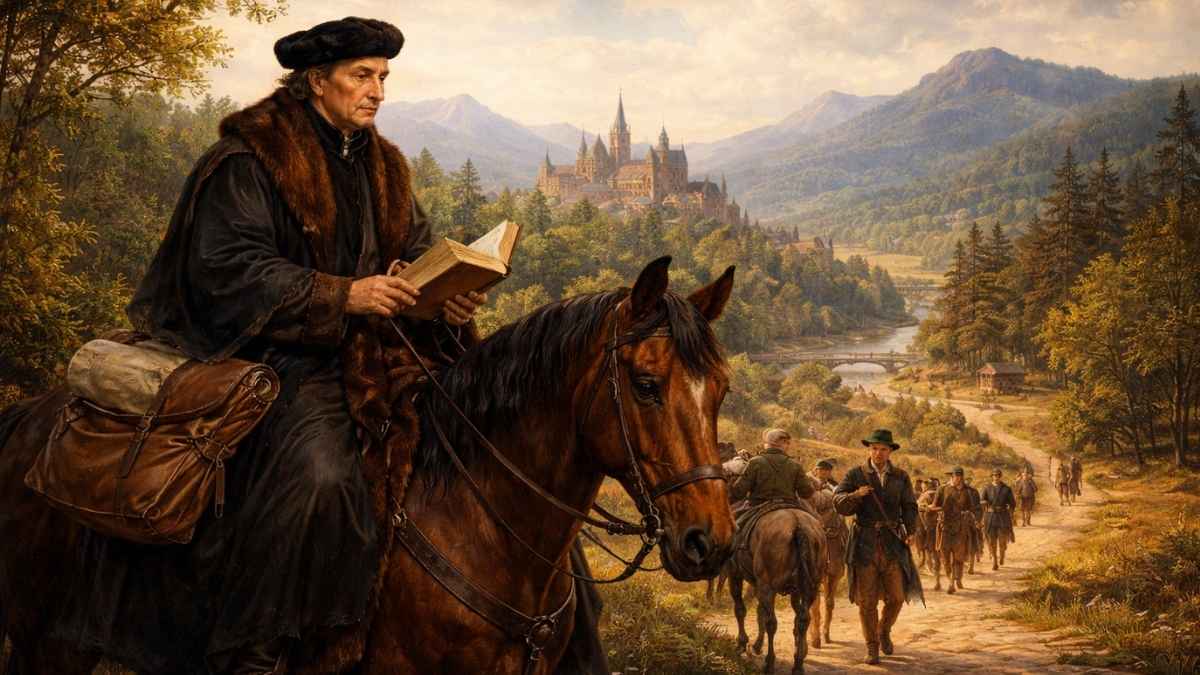 Erasmo de Rotterdam viajando a caballo durante el Renacimiento, origen del nombre de las becas Erasmus