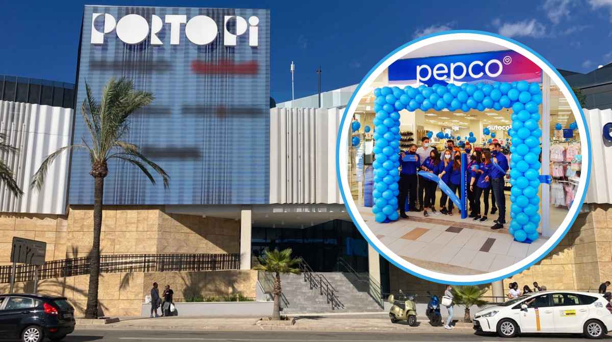 Centro Comercial Porto Pi en Palma con imagen de inauguración de tienda Pepco y empleados en la entrada