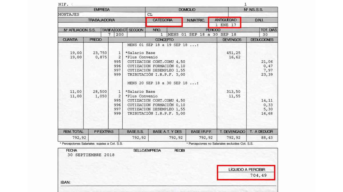 Nómina con las casillas de categoría, antigüedad y líquido a percibir destacadas para revisar el salario