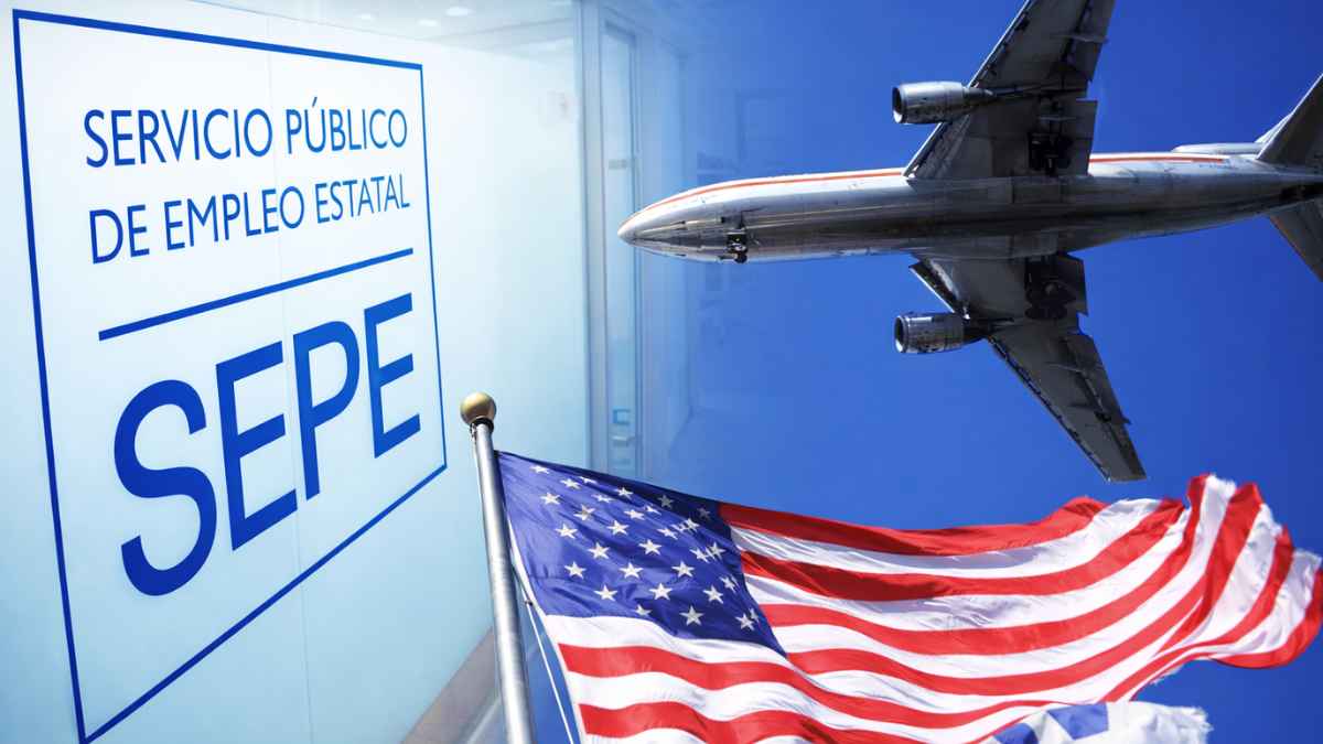 Oficina del SEPE junto a un avión sobre la bandera de Estados Unidos, alerta por viajar al extranjero sin avisar y perder el subsidio