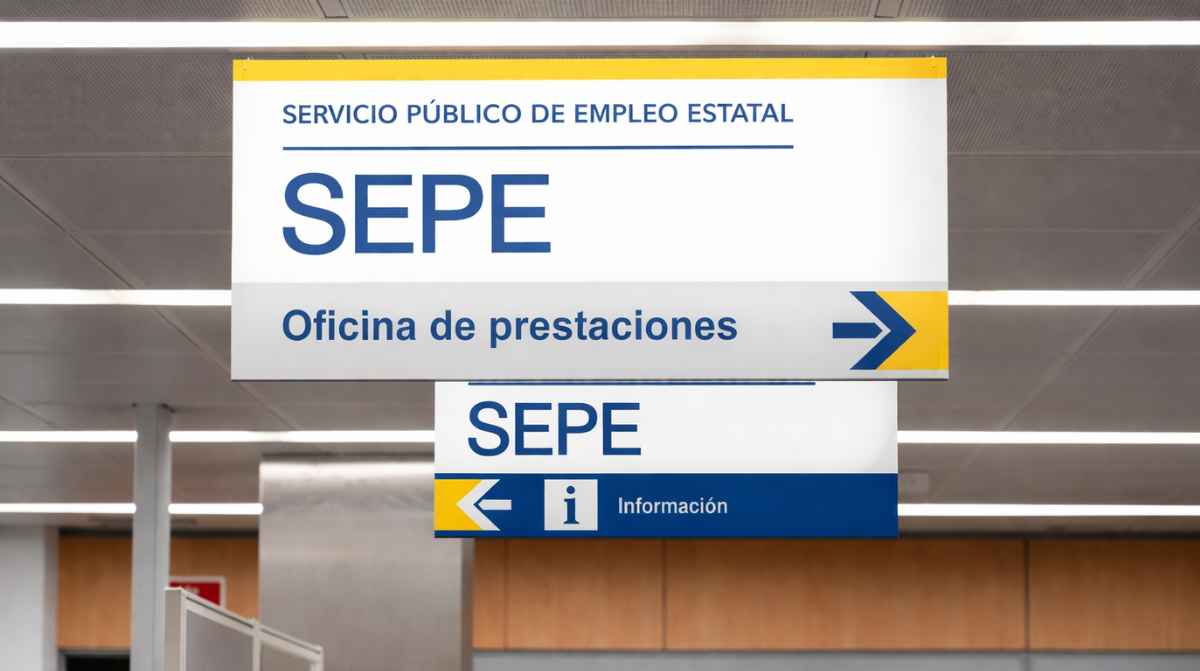 Cartel del SEPE en oficina de prestaciones por desempleo en España
