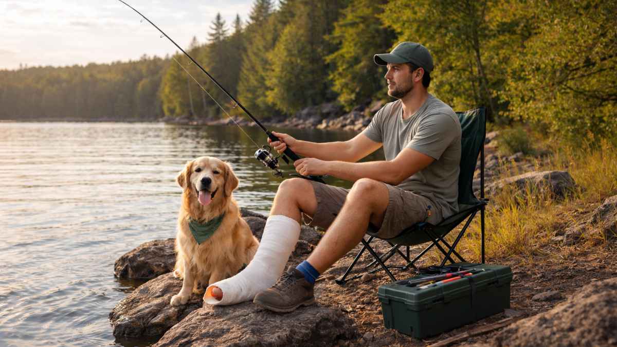 Trabajador pescando con el pie escayolado junto a su perro durante una baja médica