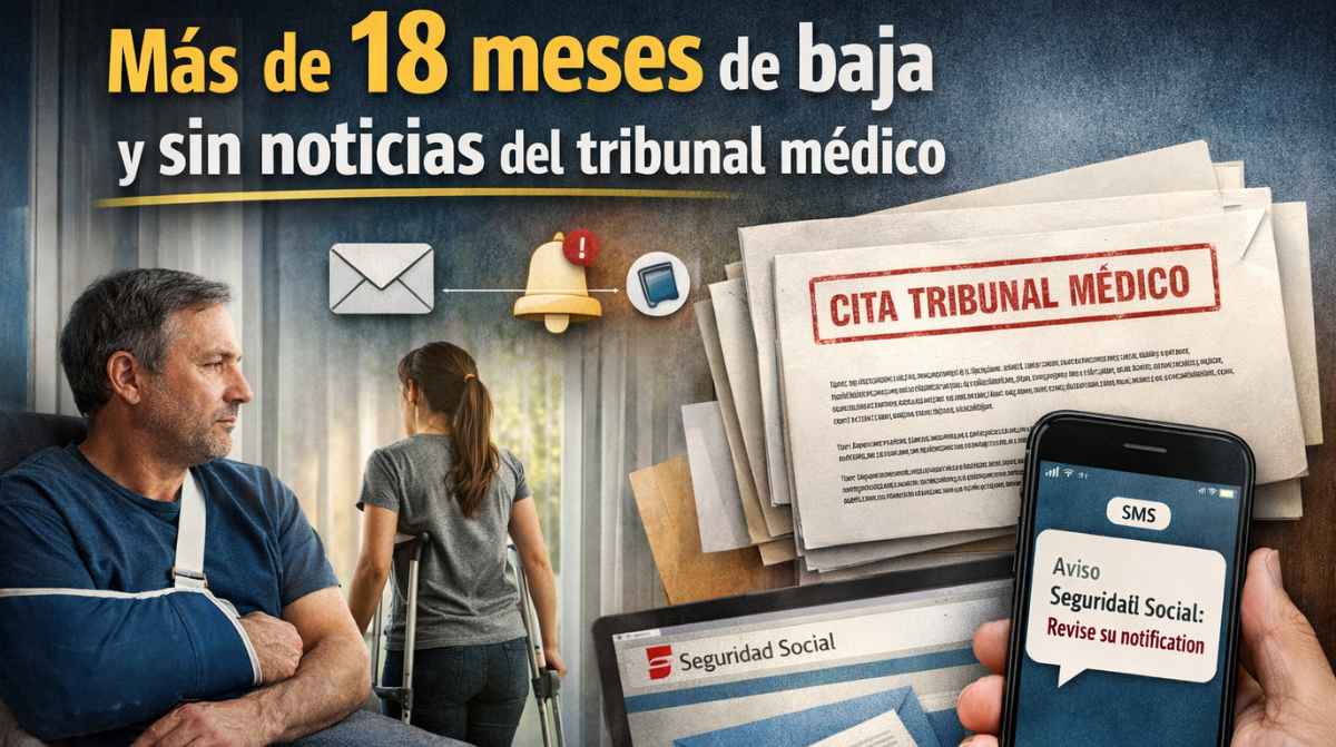 Trabajador con más de 18 meses de baja pendiente del tribunal médico revisando notificación de la Seguridad Social