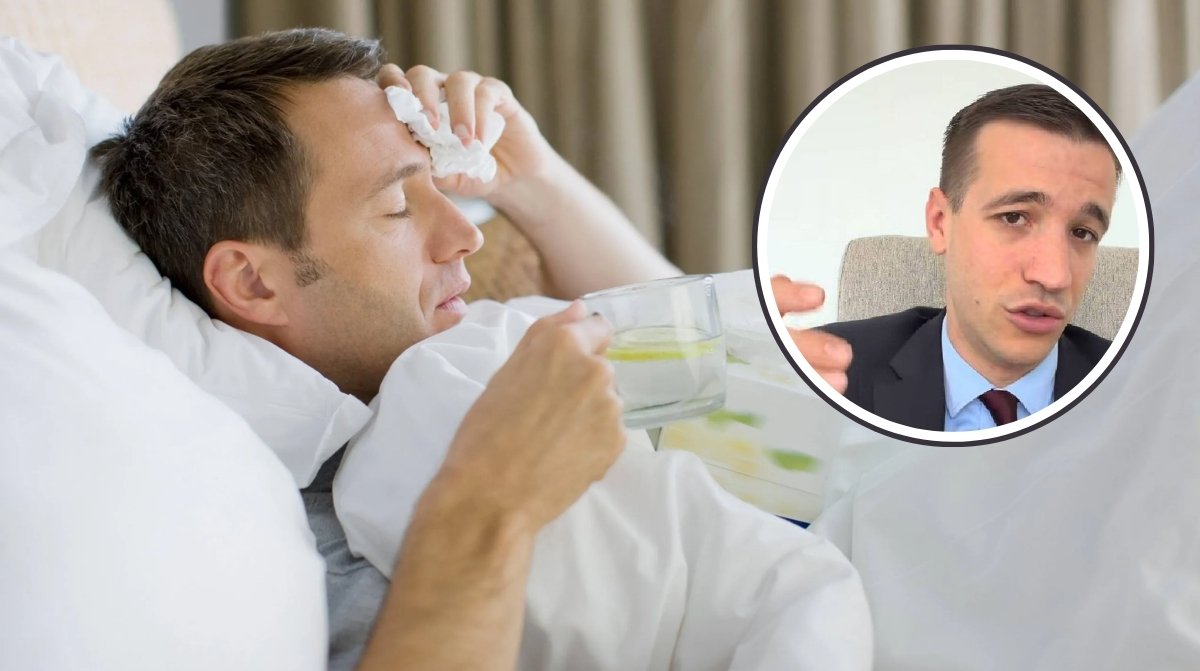 Hombre enfermo en cama con justificante medico y abogado laboral explica faltar al trabajo sin baja