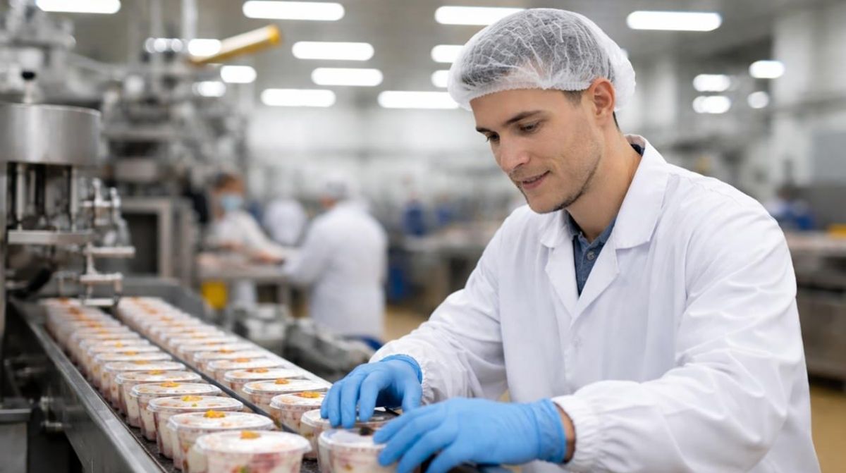 Operario de producción trabajando en línea industrial en fábrica en España Adecco empleo