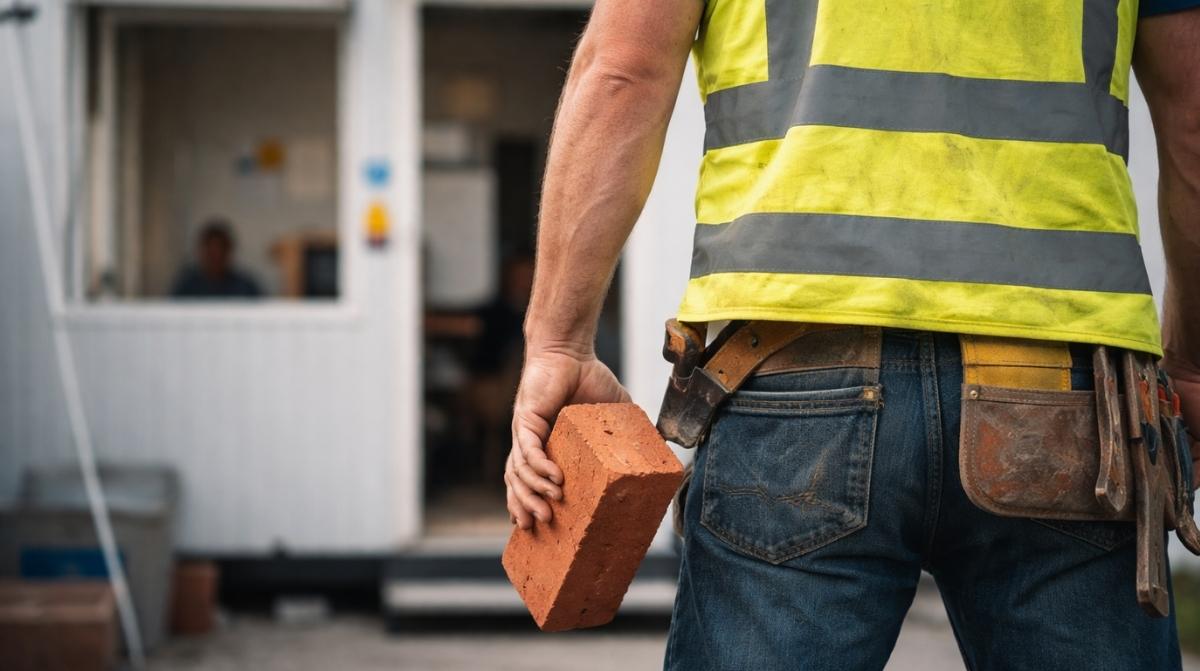 Obrero de espaldas con un ladrillo en la mano frente a una oficina de obra en un caso de despido laboral en Navarra