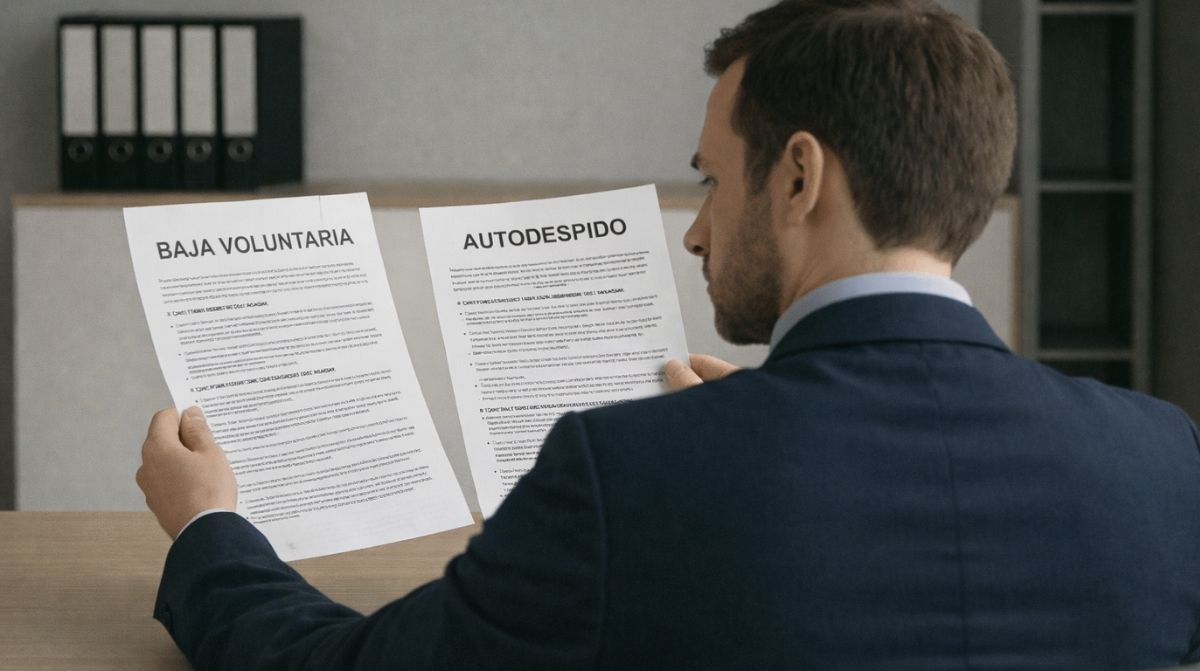 Hombre revisando documentos de baja voluntaria y autodespido en el trabajo