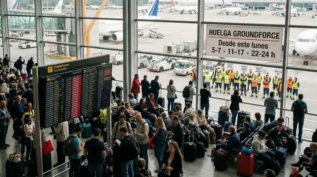 Pasajeros esperando en aeropuerto por huelga de Groundforce en servicios de equipajes y asistencia en pista en España