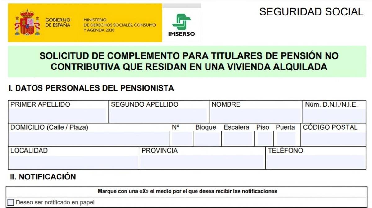 Formulario de solicitud del complemento de 525 euros del Imserso para pensionistas con pensión no contributiva que viven de alquiler