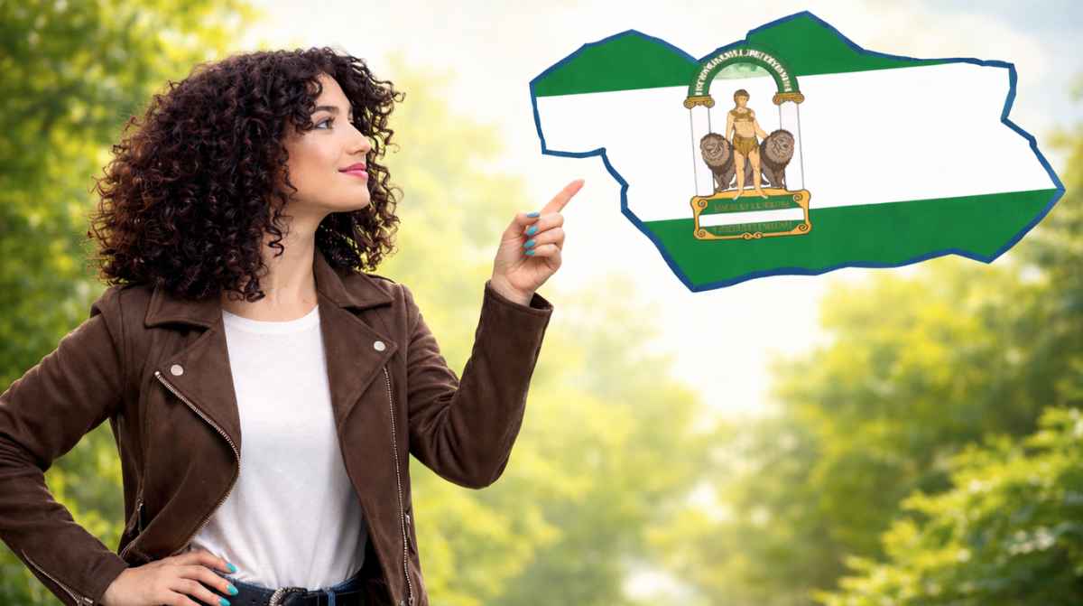 Mujer señalando el mapa de Andalucía relacionado con el empleo público y las oposiciones en la Junta de Andalucía