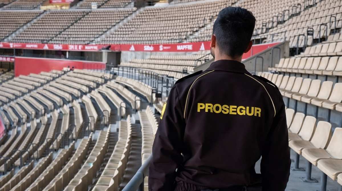 Vigilante de seguridad de Prosegur en el estadio de La Cartuja para la final de la Copa del Rey en Sevilla