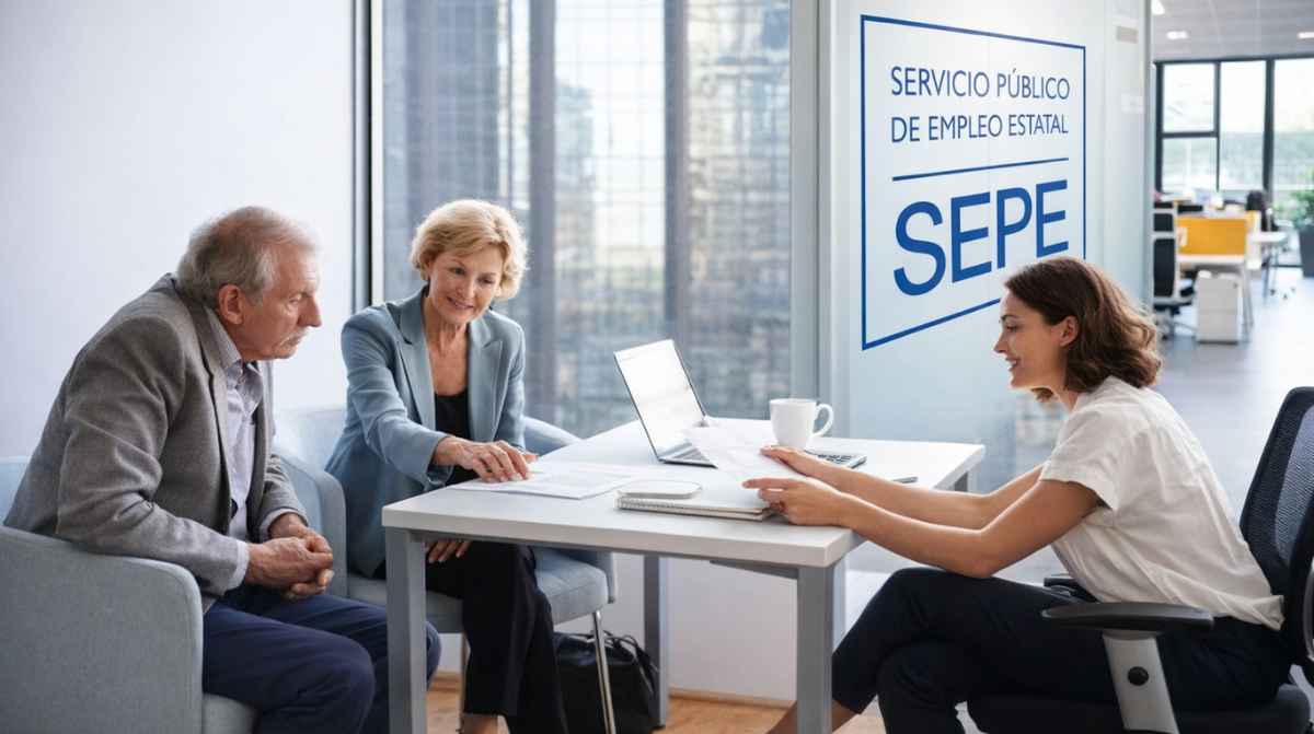 Mayores de 65 años en una oficina del SEPE consultando la ayuda mensual de 480 euros para personas sin pensión ni paro.