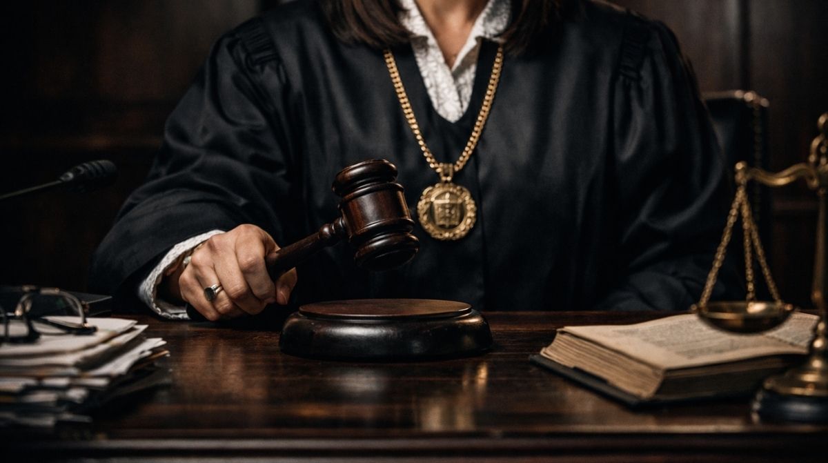 Jueza con mazo en un juzgado en ambiente oscuro tras sanción del Supremo por insultos y humillaciones