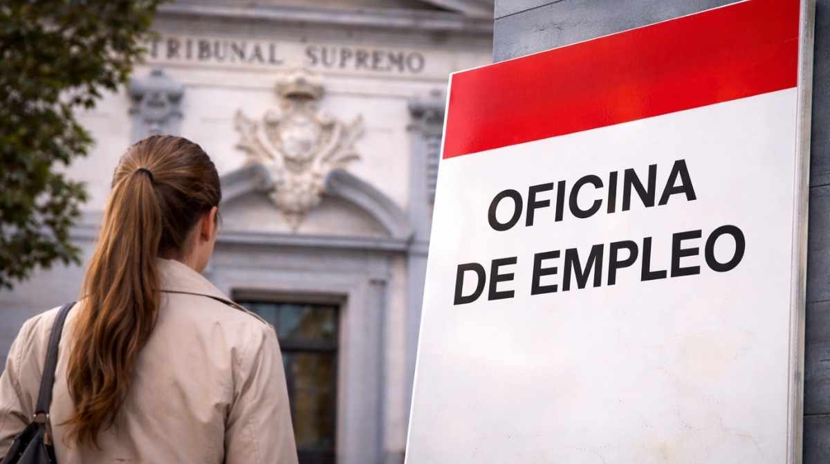 Oficina de Empleo con el Tribunal Supremo al fondo tras una sentencia que permite cobrar el paro contando vacaciones no disfrutadas