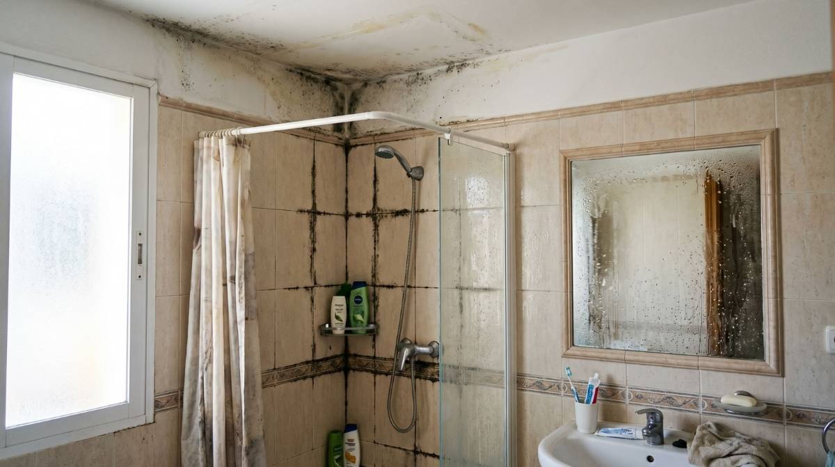 Baño antiguo con humedad y moho antes de una reforma energética subvencionada por el Gobierno