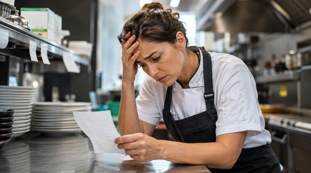 Trabajadora de cocina revisando una nómina con retrasos en un restaurante tras cobrar el salario a plazos
