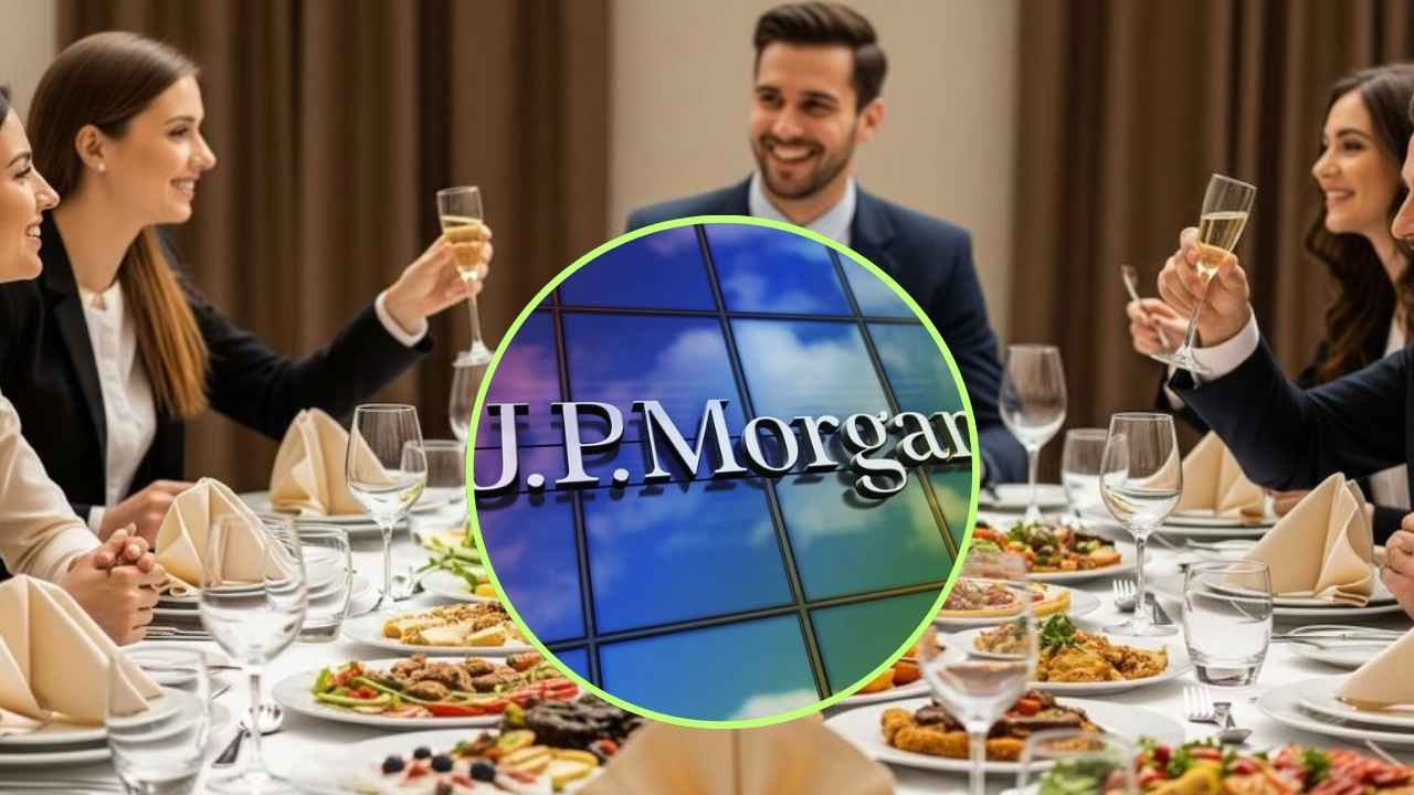 Reunión empresarial durante una comida con el logotipo de JPMorgan en primer plano.