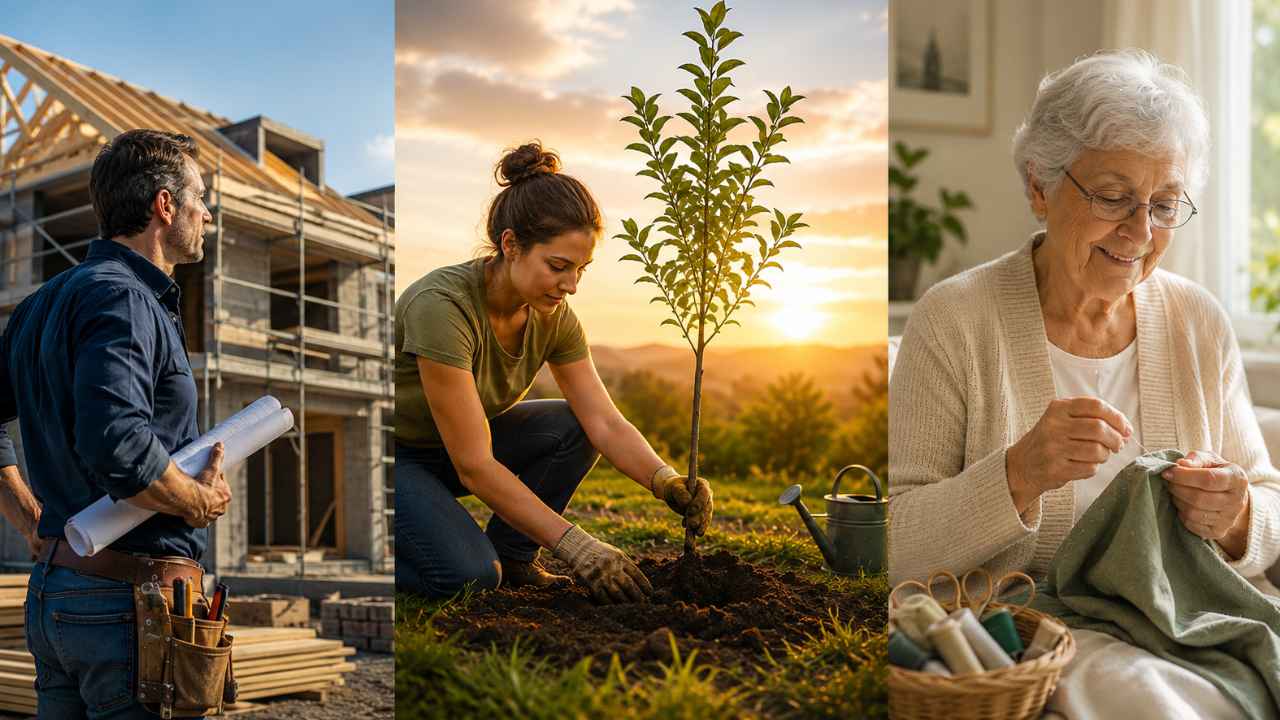 Persona mayor plantando un árbol joven en un jardín como símbolo del paso del tiempo.