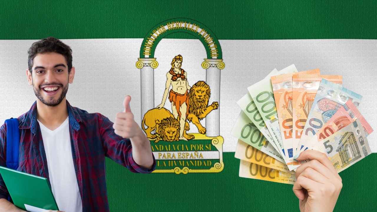 Estudiante universitario junto a la bandera de Andalucía y ayudas de hasta 600 euros para idiomas