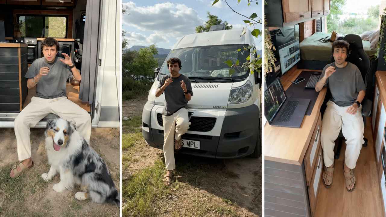 Juanma López en el interior de la furgoneta camper en la que vive y viaja