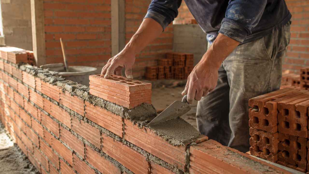 Trabajador colocando ladrillos durante una jornada laboral