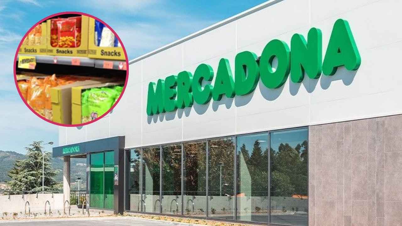 Fachada de Mercadona junto a una imagen de la sección de snacks
